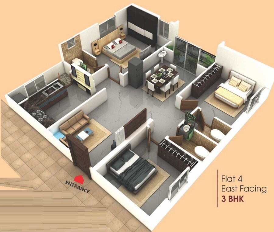 Floor plan of 3 BHK 1310 Sq. Ft. Apartment in SVS Ample Homes, Hyderabad