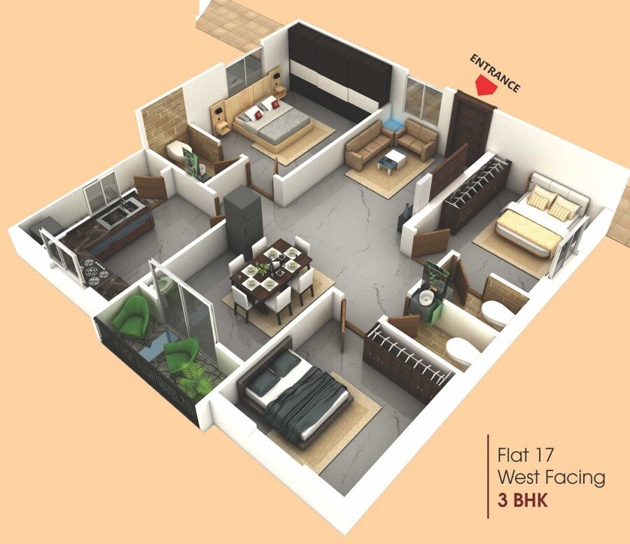 Floor plan of 3 BHK 1403 Sq. Ft. Apartment in SVS Ample Homes, Hyderabad