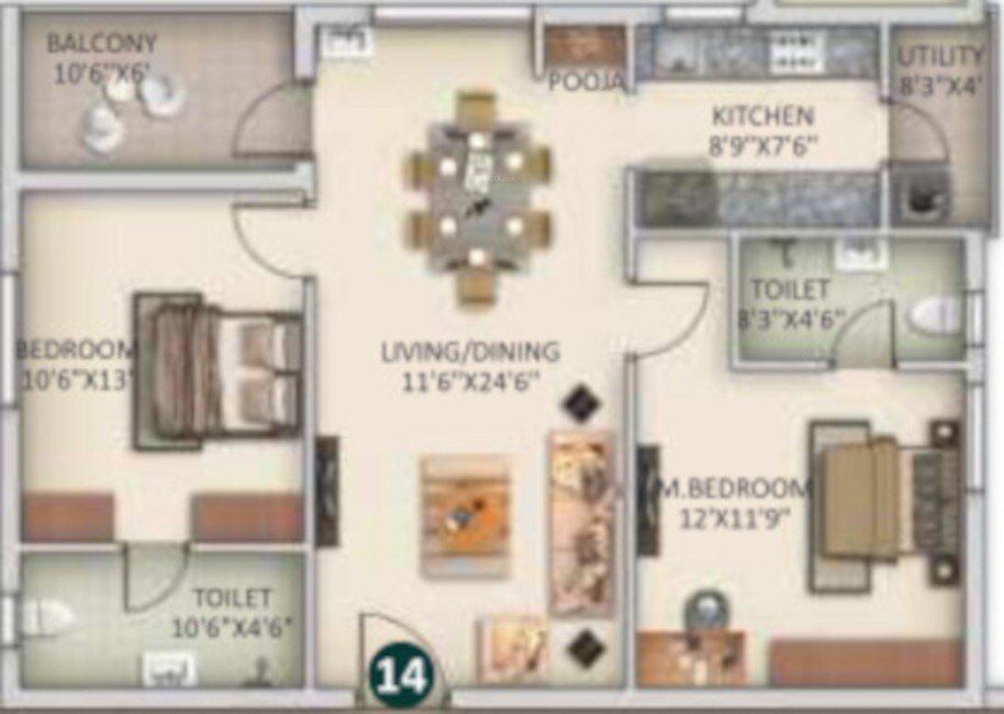 Floor plan of 2 BHK 1180 Sq. Ft. Apartment in SVS Bhuvi Residency, Hyderabad