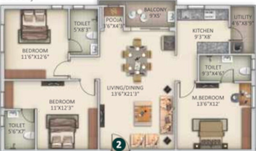 Floor plan of 3 BHK 1555 Sq. Ft. Apartment in SVS Bhuvi Residency, Hyderabad