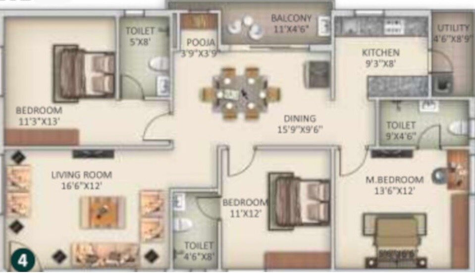 Floor plan of 3 BHK 1620 Sq. Ft. Apartment in SVS Bhuvi Residency, Hyderabad