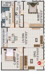Floor plan of 2 BHK 990 Sq. Ft. Apartment in SVS Hanu Teja Residency, Hyderabad