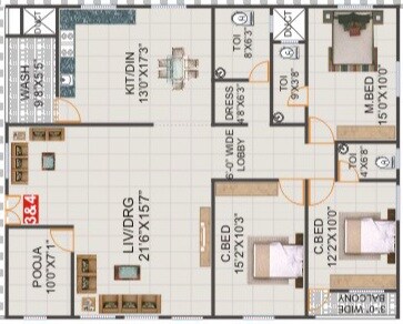 Floor plan of 3 BHK 2100 Sq. Ft. Apartment in SVS Hanu Teja Residency, Hyderabad