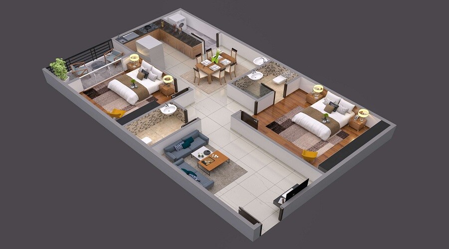 Floor plan of 2 BHK 1180 Sq. Ft. Apartment in SVS Magnifique, Hyderabad