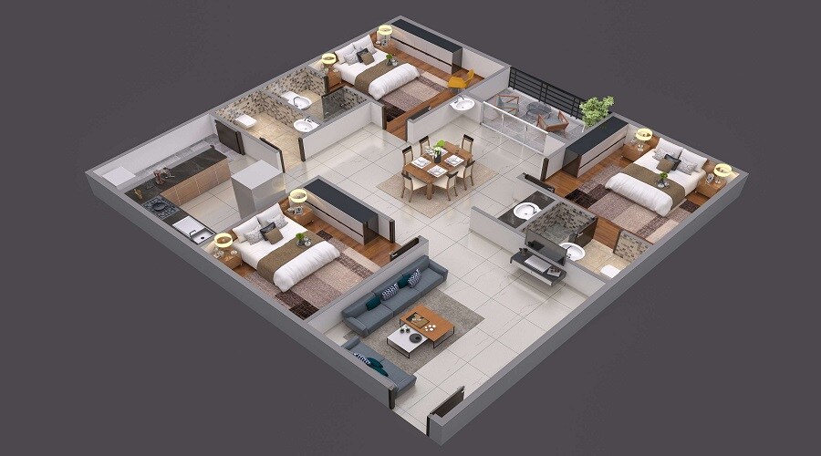 Floor plan of 3 BHK 1620 Sq. Ft. Apartment in SVS Magnifique, Hyderabad