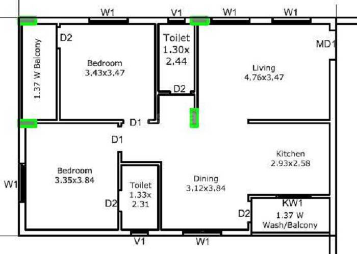 Floor plan of 2 BHK Apartment - 1130 sq. ft. in SVS Srivani, Hyderabad