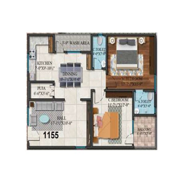 Floor plan of 2 BHK 1155 Sq. Ft. Apartment in SVS Venkat Ramko, Hyderabad