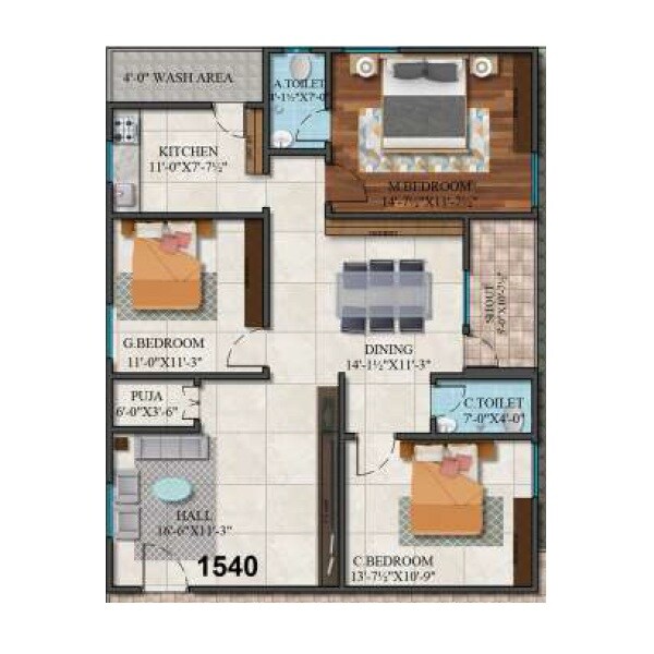 Floor plan of 3 BHK 1540 Sq. Ft. Apartment in SVS Venkat Ramko, Hyderabad