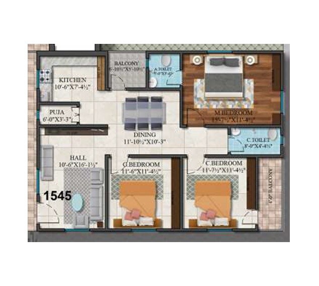 Floor plan of 3 BHK 1545 Sq. Ft. Apartment in SVS Venkat Ramko, Hyderabad