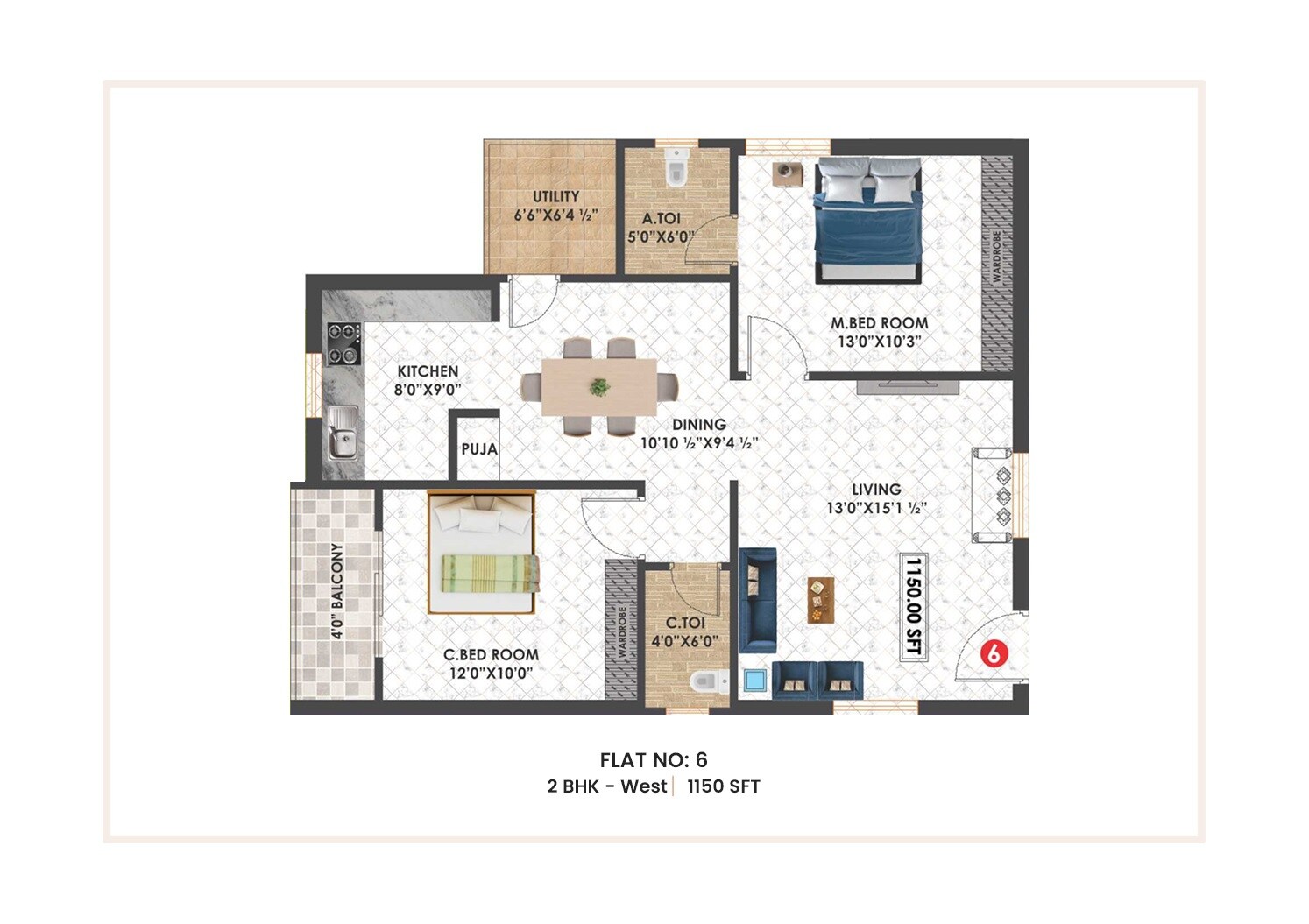 Floor plan of 2 BHK 1150 Sq. Ft. Apartment in SVSS Vishnu Shanker Residency, Hyderabad