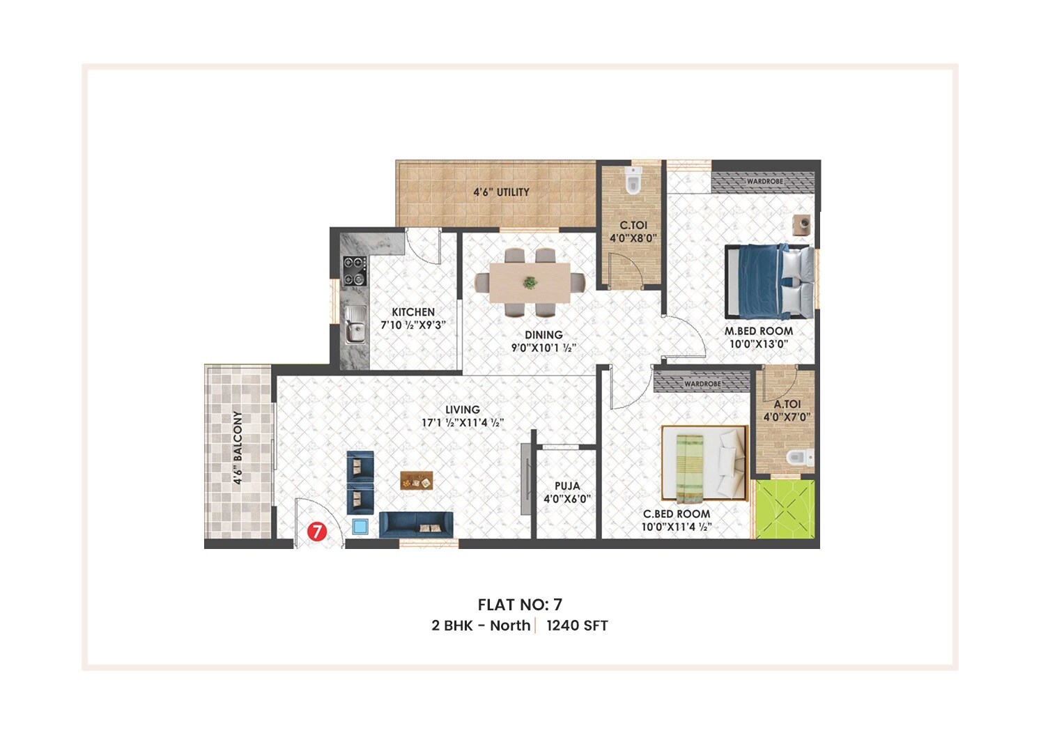 Floor plan of 2 BHK 1240 Sq. Ft. Apartment in SVSS Vishnu Shanker Residency, Hyderabad