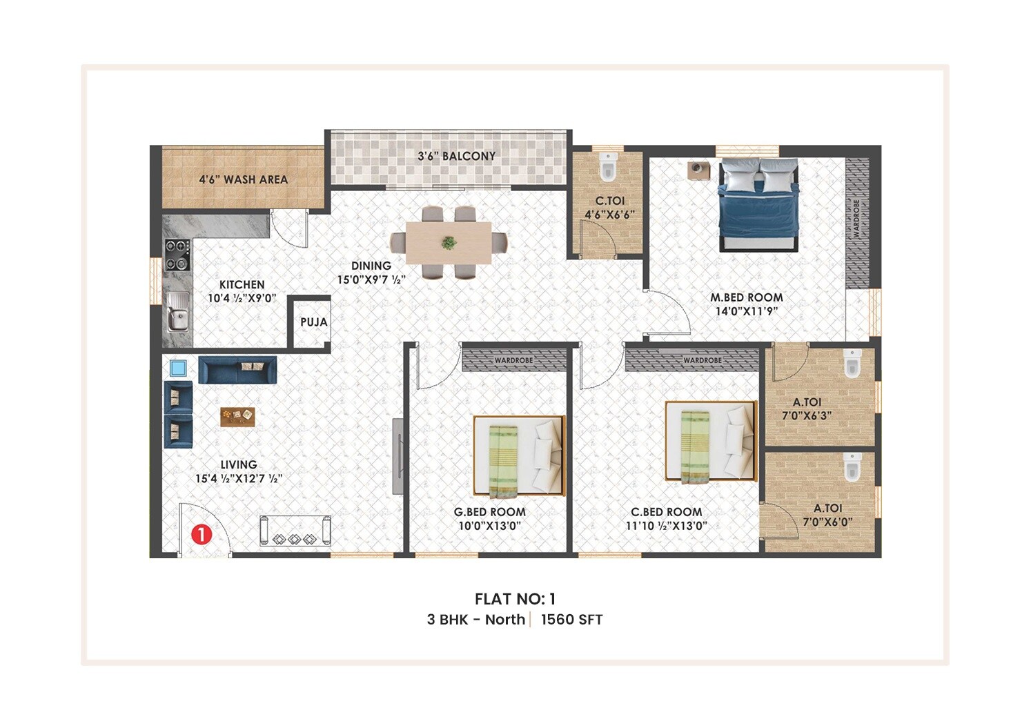 Floor plan of 3 BHK 1560 Sq. Ft. Apartment in SVSS Vishnu Shanker Residency, Hyderabad