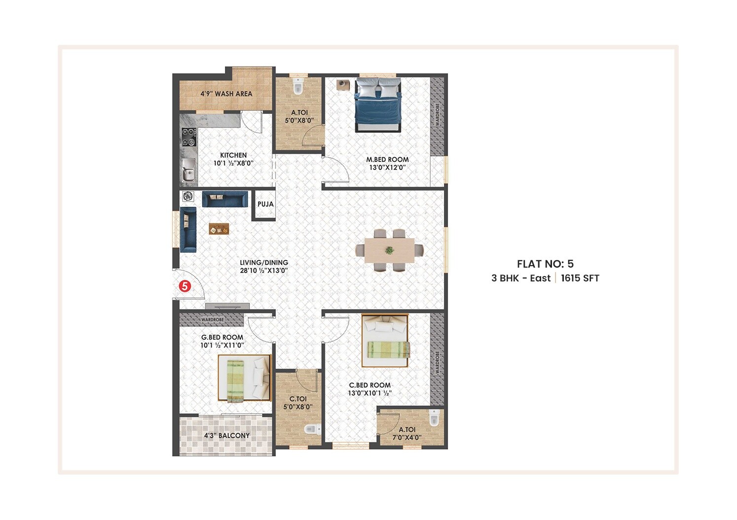 Floor plan of 3 BHK 1615 Sq. Ft. Apartment in SVSS Vishnu Shanker Residency, Hyderabad