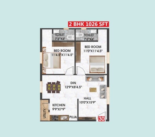 Floor plan of 2 BHK 1026 Sq. Ft. Apartment in Swagath Jubilant, Hyderabad