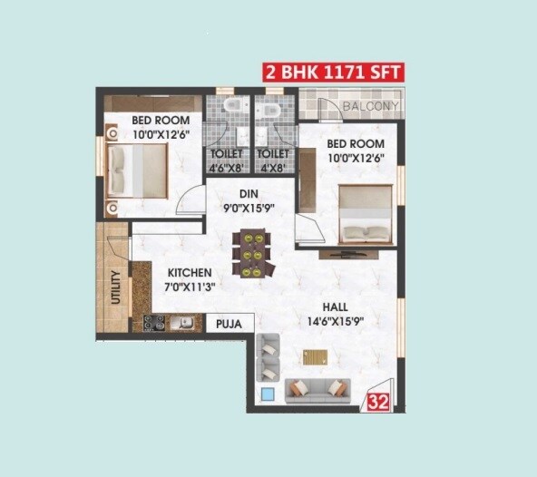 Floor plan of 2 BHK 1171 Sq. Ft. Apartment in Swagath Jubilant, Hyderabad