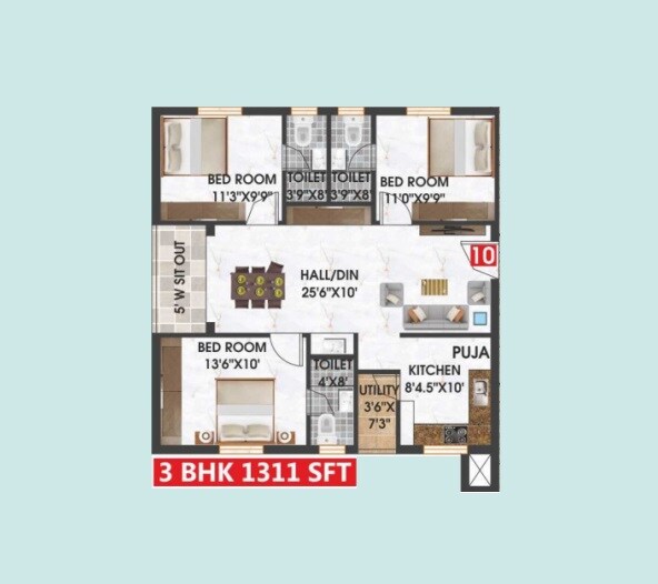 Floor plan of 3 BHK 1311 Sq. Ft. Apartment in Swagath Jubilant, Hyderabad