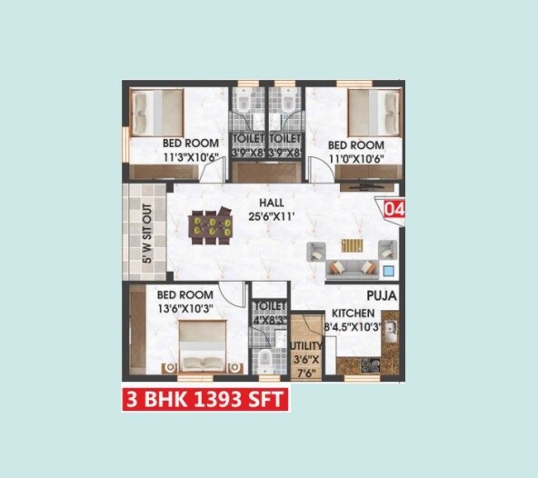 Floor plan of 3 BHK 1393 Sq. Ft. Apartment in Swagath Jubilant, Hyderabad
