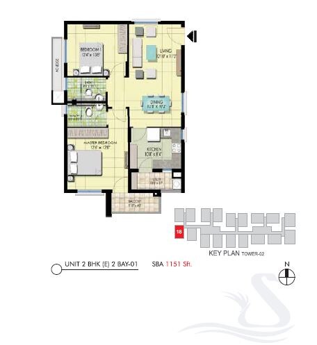 Floor plan of 2 BHK 1151 Sq. Ft. Apartment in Emami Swanlake, Hyderabad