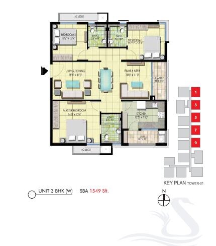 Floor plan of 3 BHK 1549 Sq. Ft. Apartment in Emami Swanlake, Hyderabad