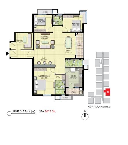 Floor plan of 3 BHK 2011 Sq. Ft. Apartment in Emami Swanlake, Hyderabad