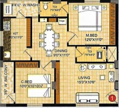 Floor plan of 2 BHK 1089 Sq. Ft. Apartment in Swapna Nirman, Hyderabad