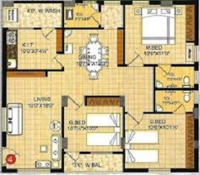Floor plan of 3 BHK 1485 Sq. Ft. Apartment in Swapna Nirman, Hyderabad