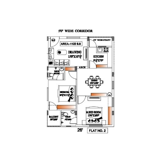 Floor plan of 2 BHK 1122 Sq. Ft. Apartment in Swarna Blossom Heights, Hyderabad