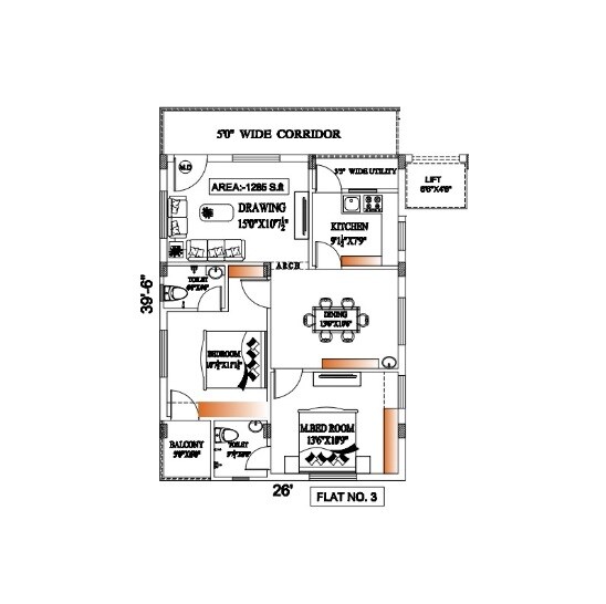 Floor plan of 2 BHK 1285 Sq. Ft. Apartment in Swarna Blossom Heights, Hyderabad