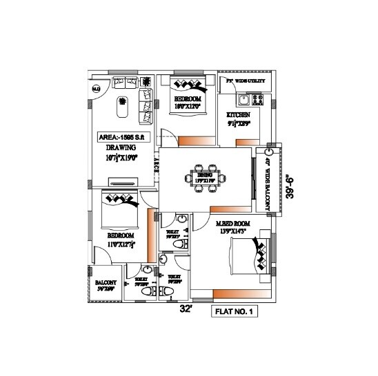 Floor plan of 2 BHK 1595 Sq. Ft. Apartment in Swarna Blossom Heights, Hyderabad