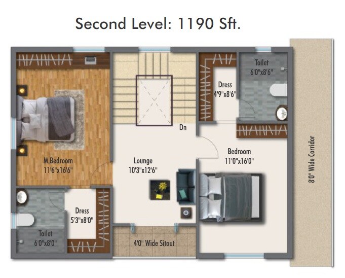Floor plan of 2 BHK 1190 Sq. Ft. Apartment in Syamantaka Aurum, Hyderabad