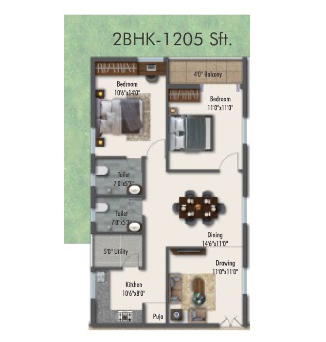 Floor plan of 2 BHK 1205 Sq. Ft. Apartment in Syamantaka Aurum, Hyderabad