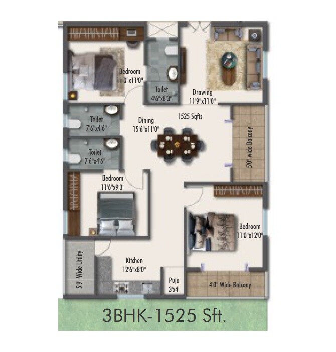 Floor plan of 3 BHK 1525 Sq. Ft. Apartment in Syamantaka Aurum, Hyderabad