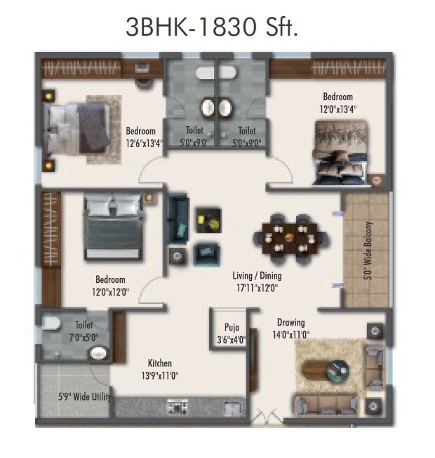 Floor plan of 3 BHK 1830 Sq. Ft. Apartment in Syamantaka Aurum, Hyderabad