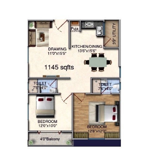 Floor plan of 2 BHK 1145 Sq. Ft. Apartment in Syamantaka Emerald Heights, Hyderabad