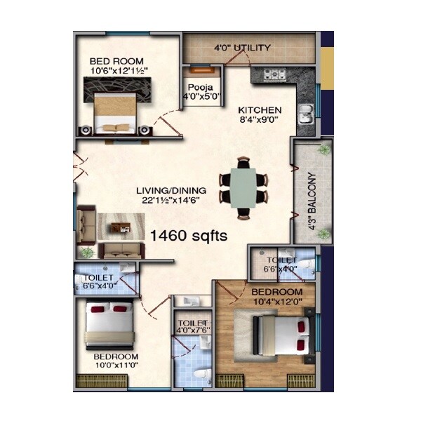 Floor plan of 3 BHK 1460 Sq. Ft. Apartment in Syamantaka Emerald Heights, Hyderabad