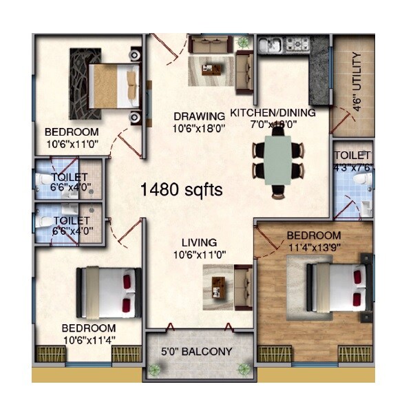 Floor plan of 3 BHK 1480 Sq. Ft. Apartment in Syamantaka Emerald Heights, Hyderabad