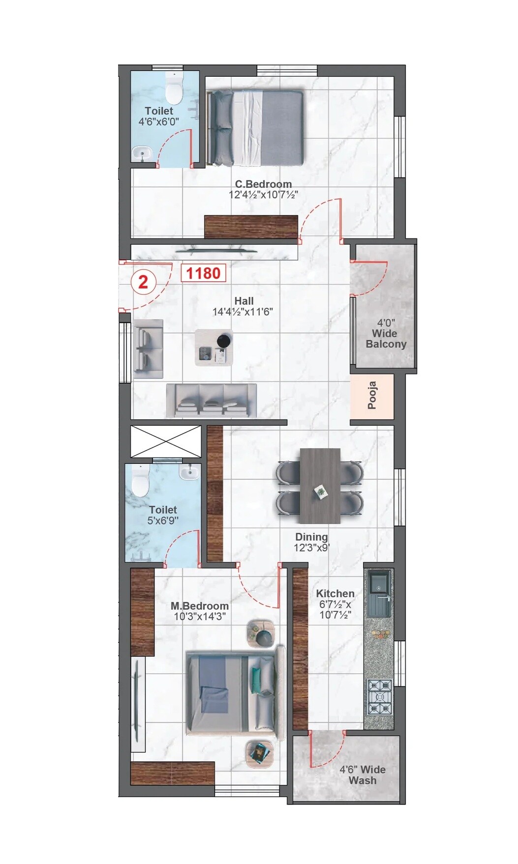 Floor plan of 2 BHK Apartment - 1180 sq. ft. in Tado Brindhavanam Signature, Hyderabad