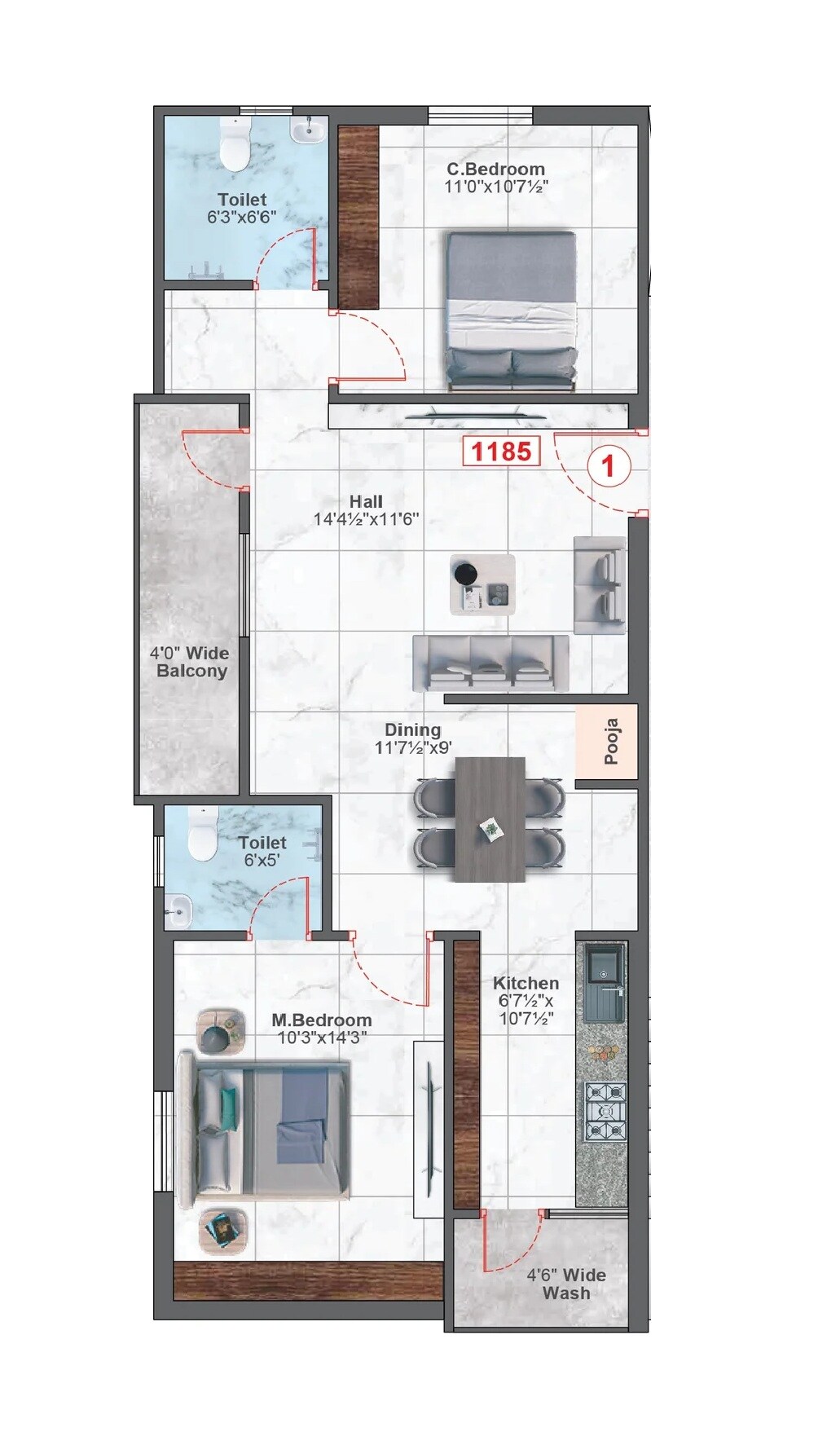 Floor plan of 2 BHK Apartment - 1185 sq. ft. in Tado Brindhavanam Signature, Hyderabad