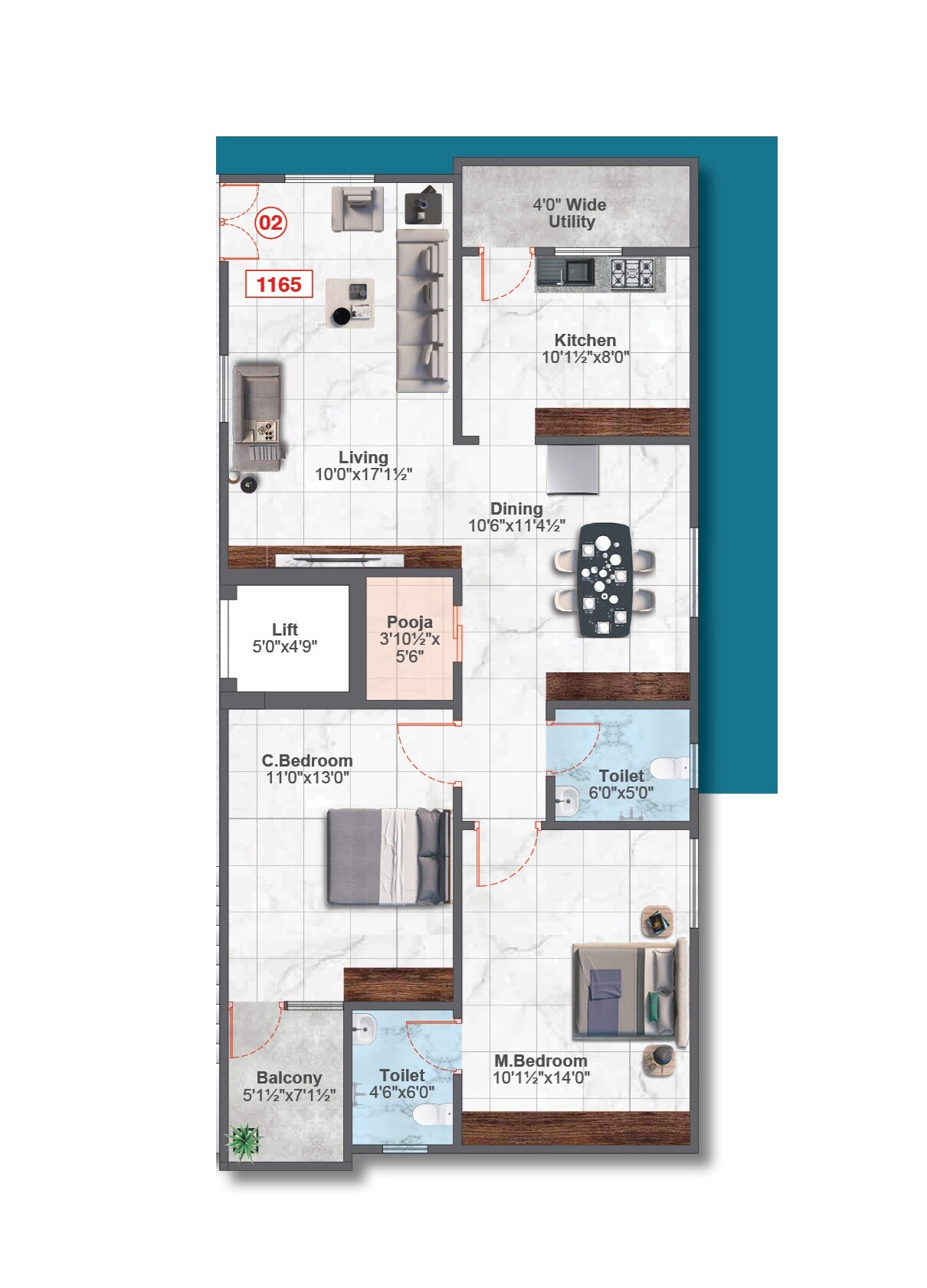 Floor plan of 2 BHK 1165 Sq. Ft. Apartment in Tado Sannidhi Signature, Hyderabad