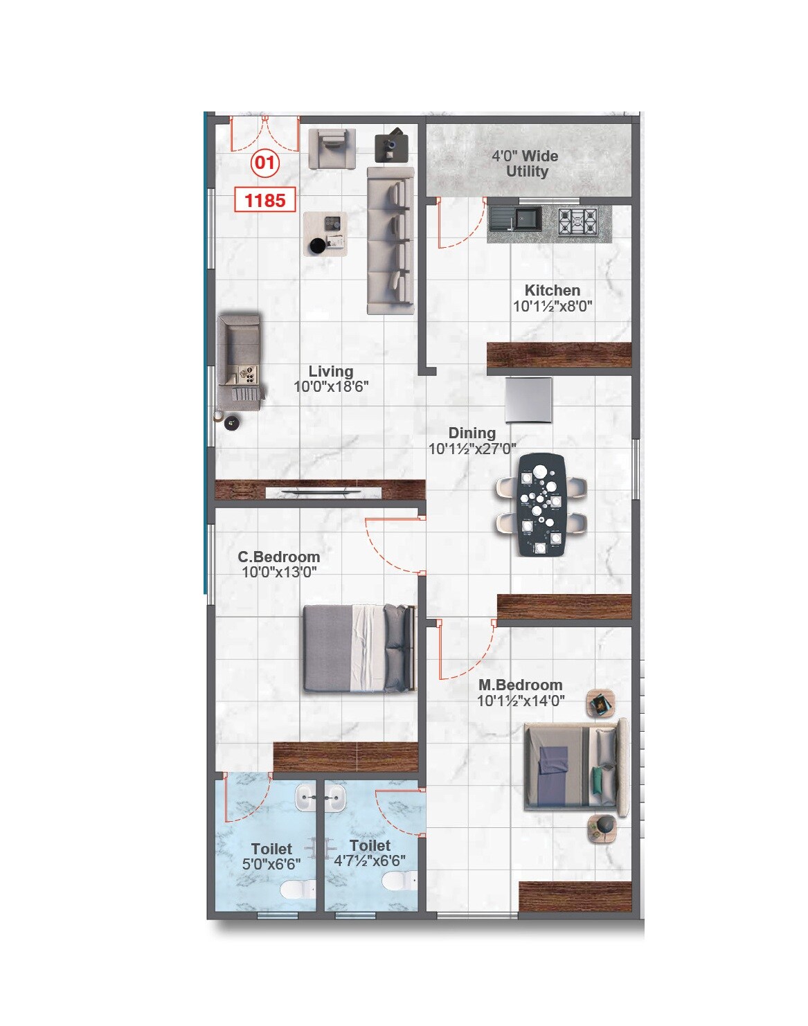 Floor plan of 2 BHK 1185 Sq. Ft. Apartment in Tado Sannidhi Signature, Hyderabad