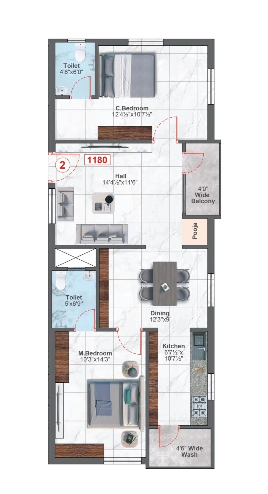 Floor plan of 2 BHK 1180 Sq. Ft. Apartment in Tado Sattva Signature, Hyderabad