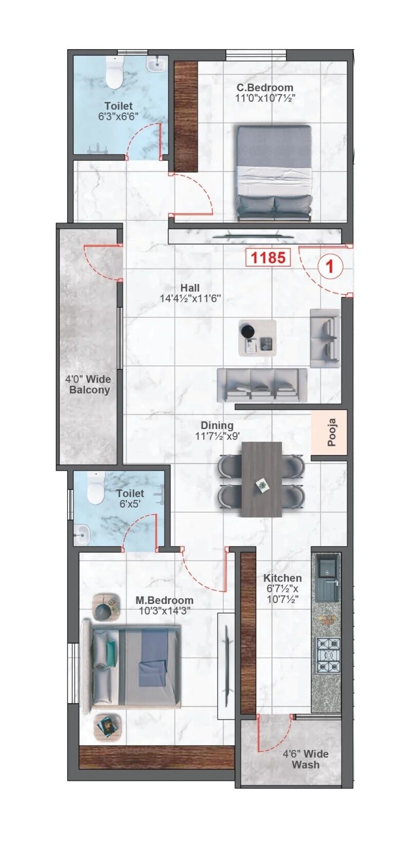 Floor plan of 2 BHK 1185 Sq. Ft. Apartment in Tado Sattva Signature, Hyderabad