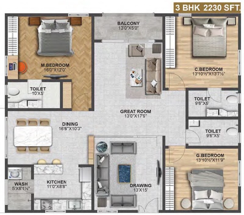 Floor plan of 3 BHK 2230 Sq. Ft. Apartment in Tamra Asteria, Hyderabad