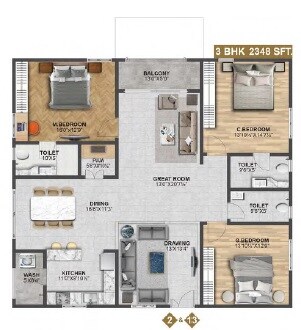 Floor plan of 3 BHK 2348 Sq. Ft. Apartment in Tamra Asteria, Hyderabad