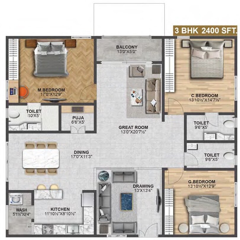 Floor plan of 3 BHK 2400 Sq. Ft. Apartment in Tamra Asteria, Hyderabad