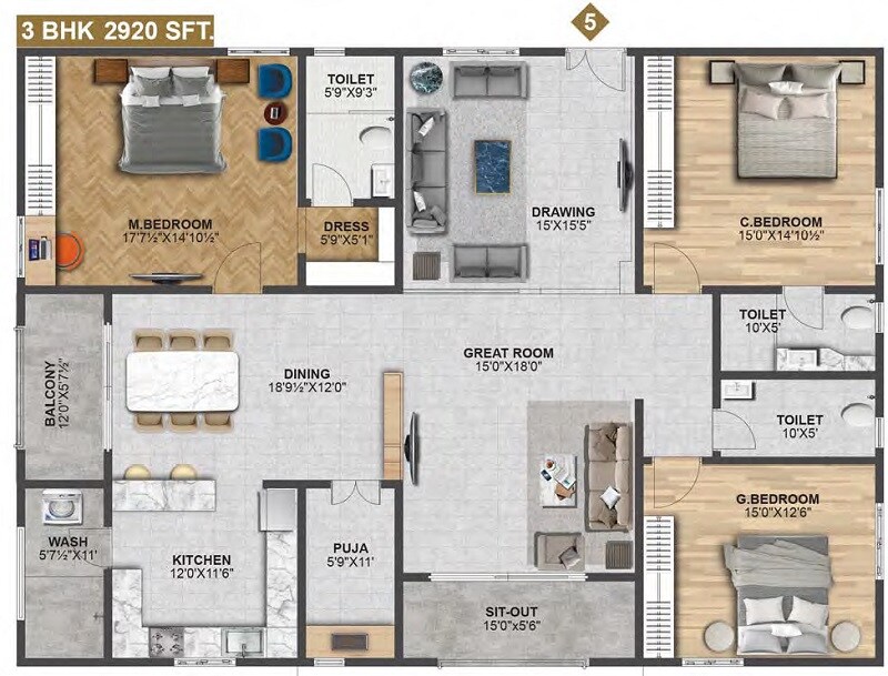 Floor plan of 3 BHK 2920 Sq. Ft. Apartment in Tamra Asteria, Hyderabad