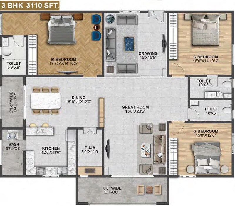 Floor plan of 3 BHK 3110 Sq. Ft. Apartment in Tamra Asteria, Hyderabad