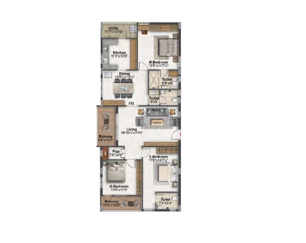 Floor plan of 3 BHK 2080 Sq. Ft. Apartment in Tanush Sri Manohar Homes, Hyderabad