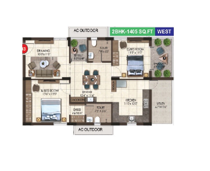 Floor plan of 2 BHK 1405 Sq. Ft. Apartment in Taproot Hornbill Retreat, Hyderabad