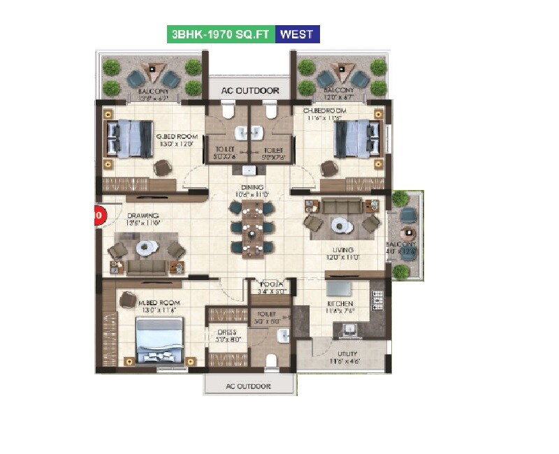 Floor plan of 3 BHK 1970 Sq. Ft. Apartment in Taproot Hornbill Retreat, Hyderabad